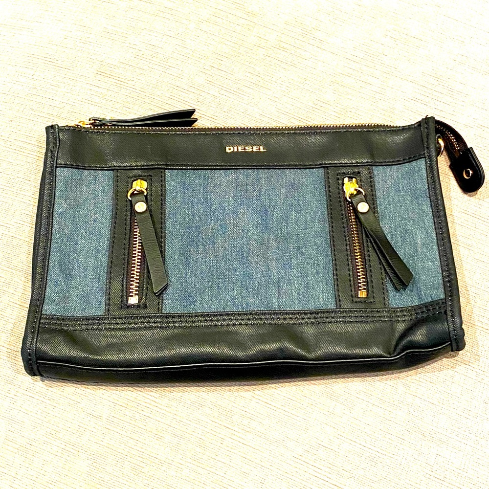 Diesel Black & Blue Denim Zippered Clutch Handbag